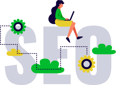 consulente di web marketing stilizzata lavora al computer su scritta seo con nuvole e ingranaggi stilizzati