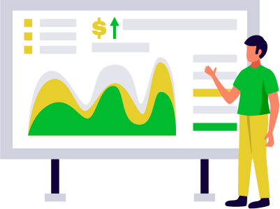 consulente di web marketing stilizzato illustra risultati di business alla lavagna