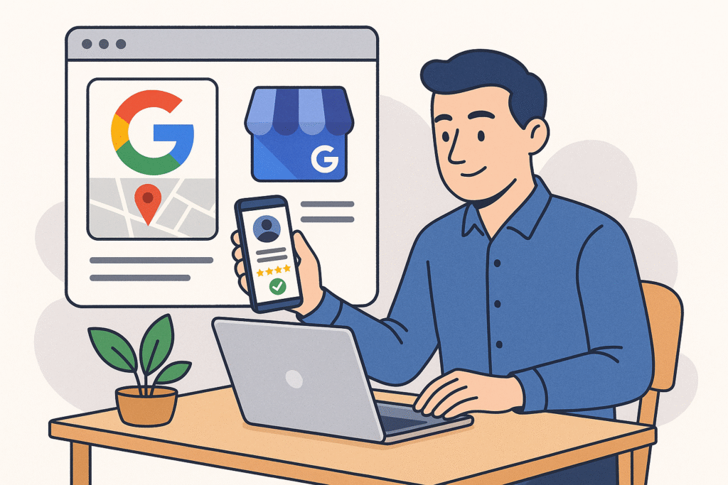 Imprenditore seduto alla scrivania mentre aggiorna la scheda Google Business Profile dal laptop e dallo smartphone, con elementi di Google Maps e valutazioni clienti visibili sullo schermo.